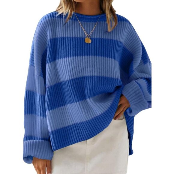 Sweaters - Women's Pullover Drop Shoulder Long Sleeve Retro Stripe Dark Blue Fall Sweater